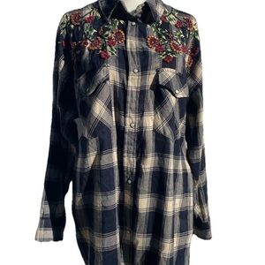 Zara Plaid Shirt Dress Black Tan Floral Embellished Rodeo Western Sz S